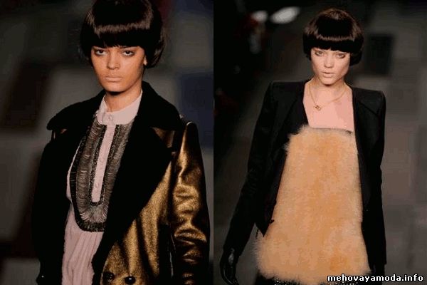 Bronzed shearling jacket & Champagne marabou minidress