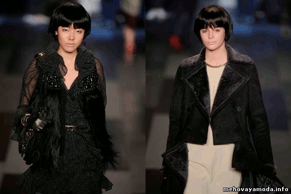 Onyx long-hair goat west with leather and chinestone shoulder & Slate shearling breakaway coat