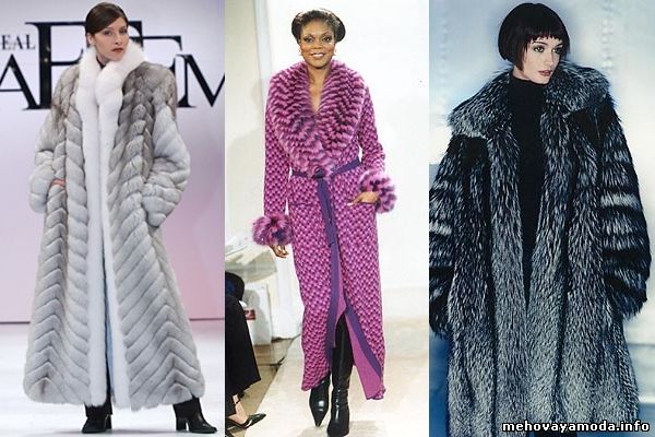 Blue fox coat, Shades of plum-dyed,mosaic- worked fox trim on cashmere coat & Saga silver fox jacket